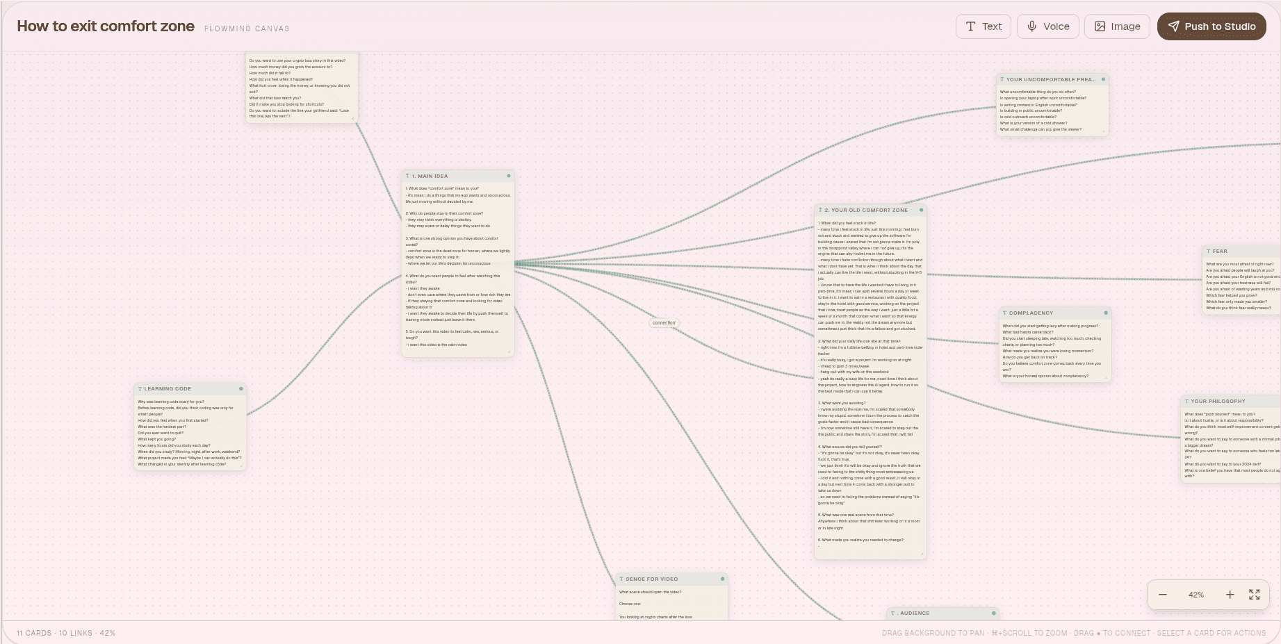 Casmur workflow canvas connecting notes, source analysis, and script planning
